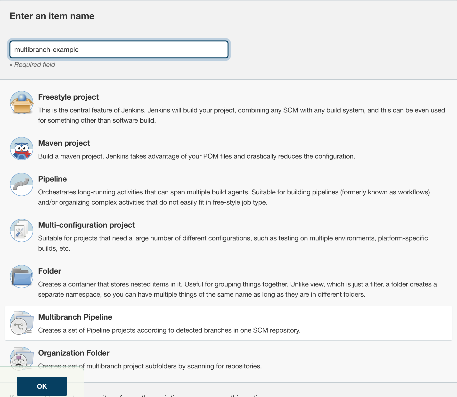 Enter a name, select *Multibranch Pipeline*, and click *OK*