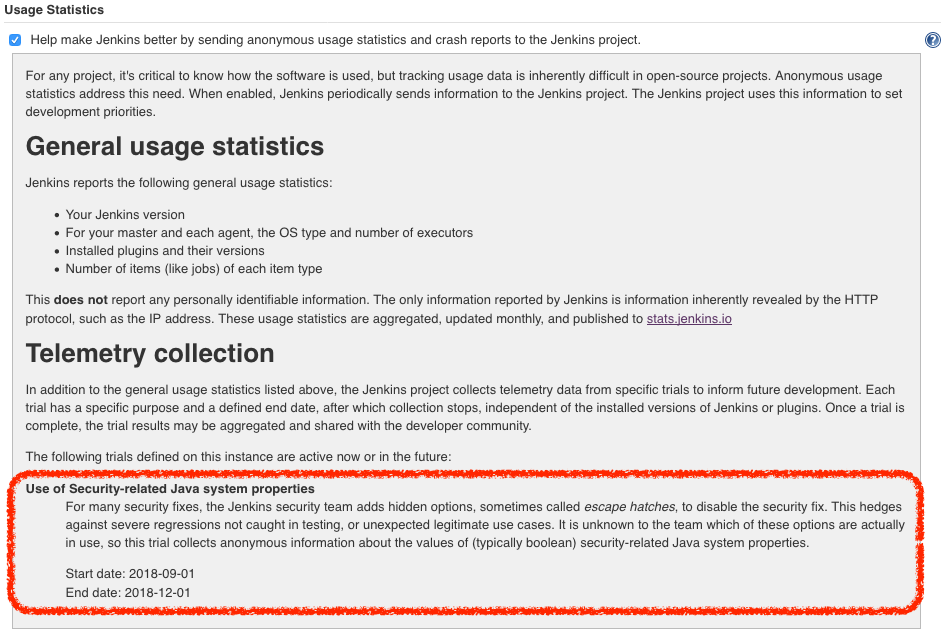 Screenshot of detailed Uplink telemetry trial description in the Jenkins inline help